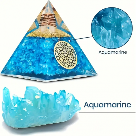 Akuamarin ve Safir Lotus Yaşam Çiçeği Orgone Piramit